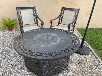 48" propane fire pit table with 2 chair set $450/ 7 pc dining patio set $500