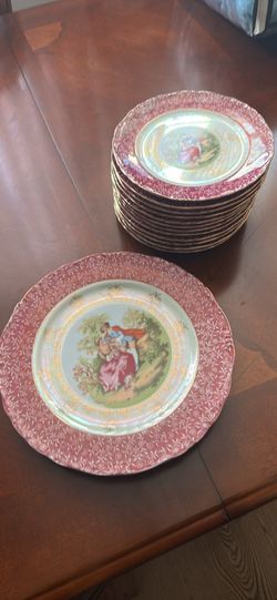 A Vintage Japanese Porcelain Luncheon Desert Set (12 Small Plates and 2 Big Plates)