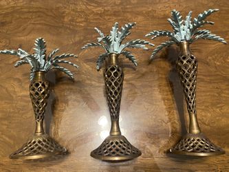 Set Of 3 Vintage Brass Palm Tree Taper Candlestick Holder 