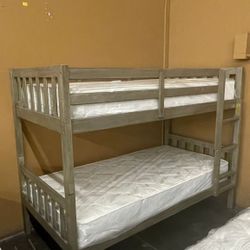 Solid Wood Gray Twin Bunk Bed With 2 Mattresses
