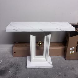 Modern Console Table – 40” Faux Marble Entryway Table with Contemporary Base (White)