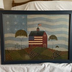 Warren Kimble Folk Art Barn With USA Flag Framed Picture