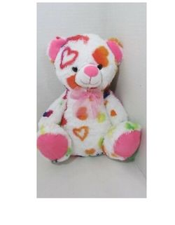 Homerbest Plush white w/ multi colored hearts pink bow feet teddy bear