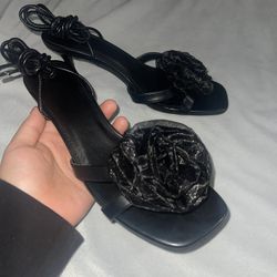 Black Rosette Lace Up Heels