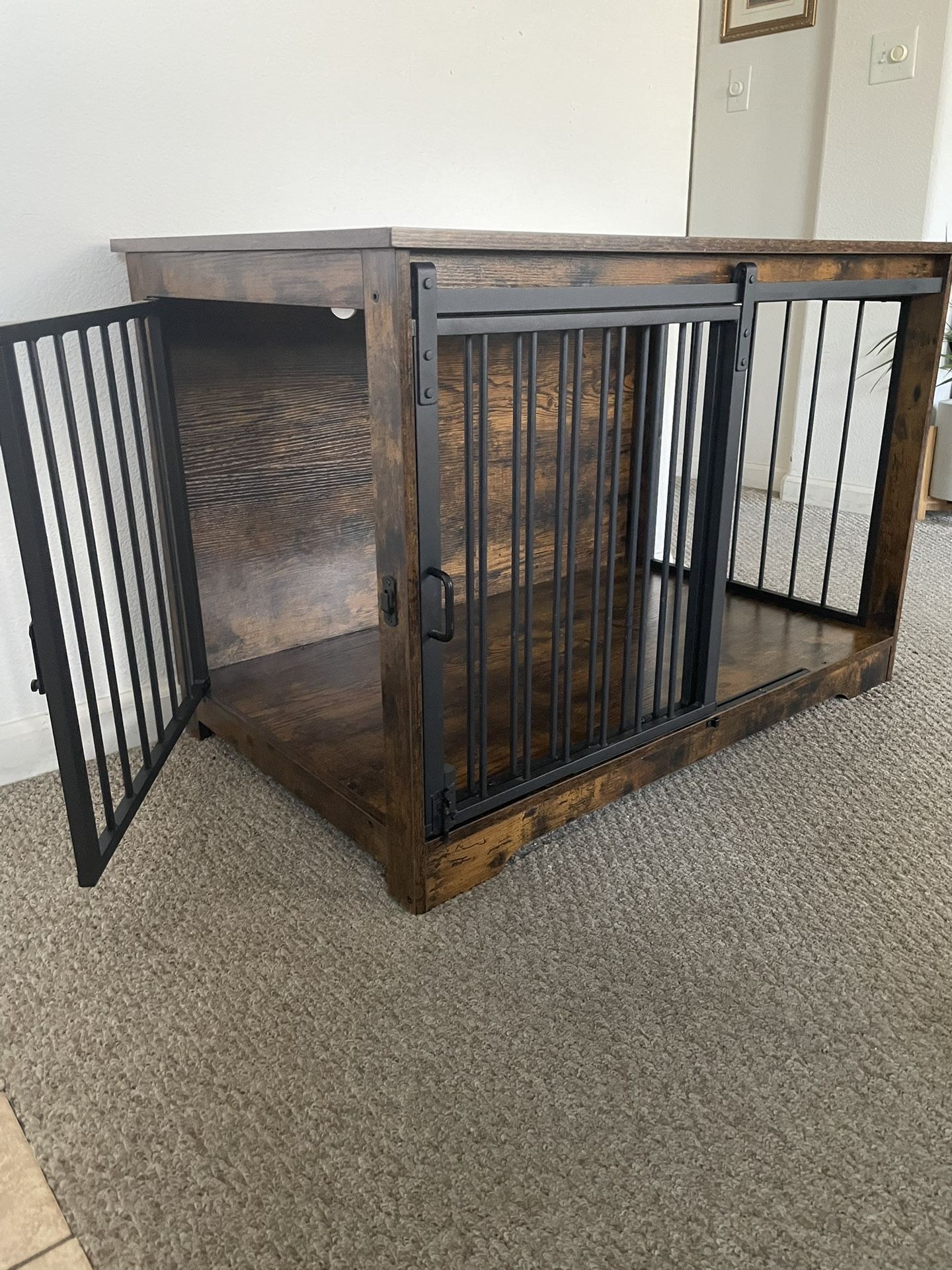 Beautiful Large New Dog Crate Can Be Used As End Table 40x24x27 With 2 Doors. Rustic Brown With Rod Iron.