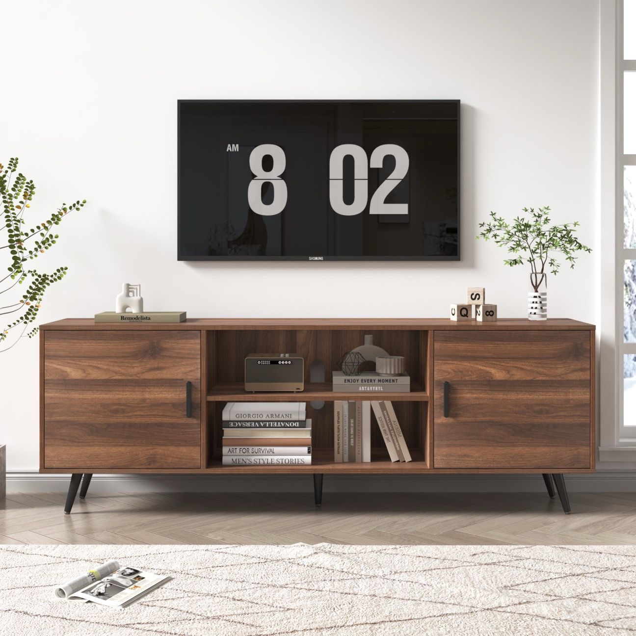 70 Inch Mid Century Modern TV Stand for TVs up to 75 inches, Wood TV Stand with Storage, Entertainment Center for Living Room Bedroom, TV Media Consol