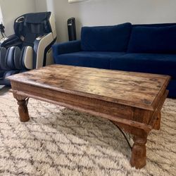Antique Vintage Rustic Hand-Carved India Reclaimed Teak Wood Coffee Table with Wrought Iron Details