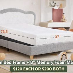 Twin Bed Frame or Brand New 8" Memory Foam Mattress – $120 Each / $200 Both