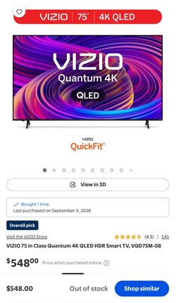VIZIO 75 in Class Quantum 4K QLED HDR Smart TV, VQD75M-08