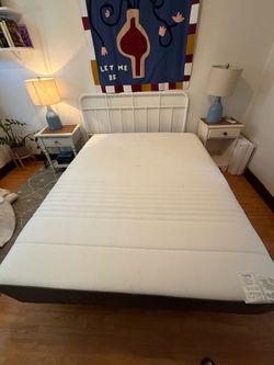 IKEA HAUGSVÄR Queen Mattress + Solid Wood Platform Bed Frame