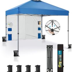 Canopy Tent Pop Up 10x10 ft One Person Push Set Up Tent, Outdoor Canopies Shelter Heavy Duty Straight Legs with 1 Sidewall & 4 Sandbags, 1 Roller Bag 