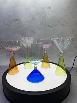 Set of (5) Colorful, vertical grain martini and cocktail glasses designed for versatile use as both drinkware and dessert cups.  Features a fluted or 