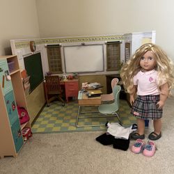 Our Generation Schoolhouse w/lockers, school supply accessory set and 18 inch doll