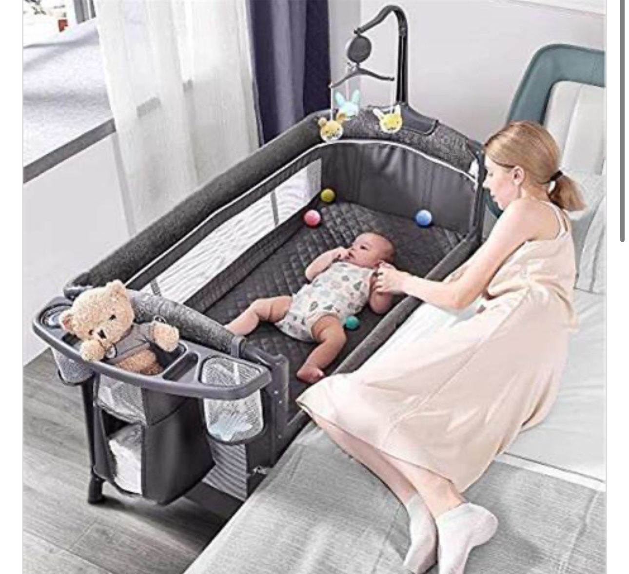 ADOVEL Baby Bassinet Bedside Crib, Pack and Play with Mattress, Diaper Changer