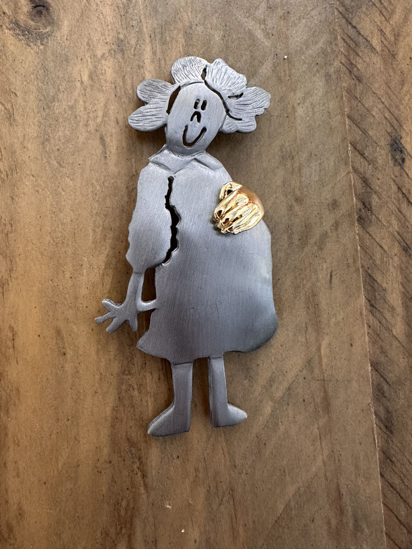 Vintage “Ultra Craft” pewter and gold tones pregnant woman brooch 3.25” x 1.5”. “Ultra Craft” was founded in 1970 by Luigi B. Guadagno. He has designe
