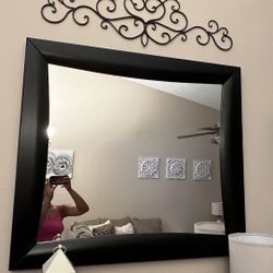 Wood Mirror, Sconces And Metal Top Vine