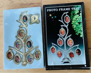 Photo frame tree, gold color metal, new with box.