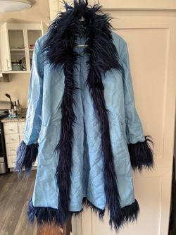 Light Blue Quilted Coat with Navy Fur Trim