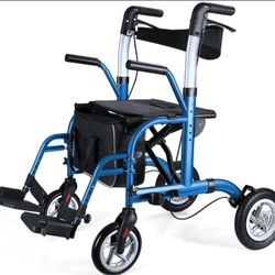 2 In 1 Rollator Walkers For Seniors With Padded Seat- Medical Transport Chair Walker With Adjustable Handle And Reversible Backrest (Blue)