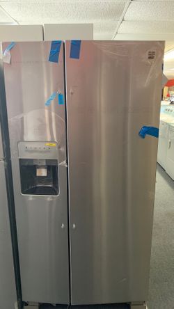New scratch and dent Kenmore 22 ft.³ stainless steel side-by-side refrigerator one year warranty