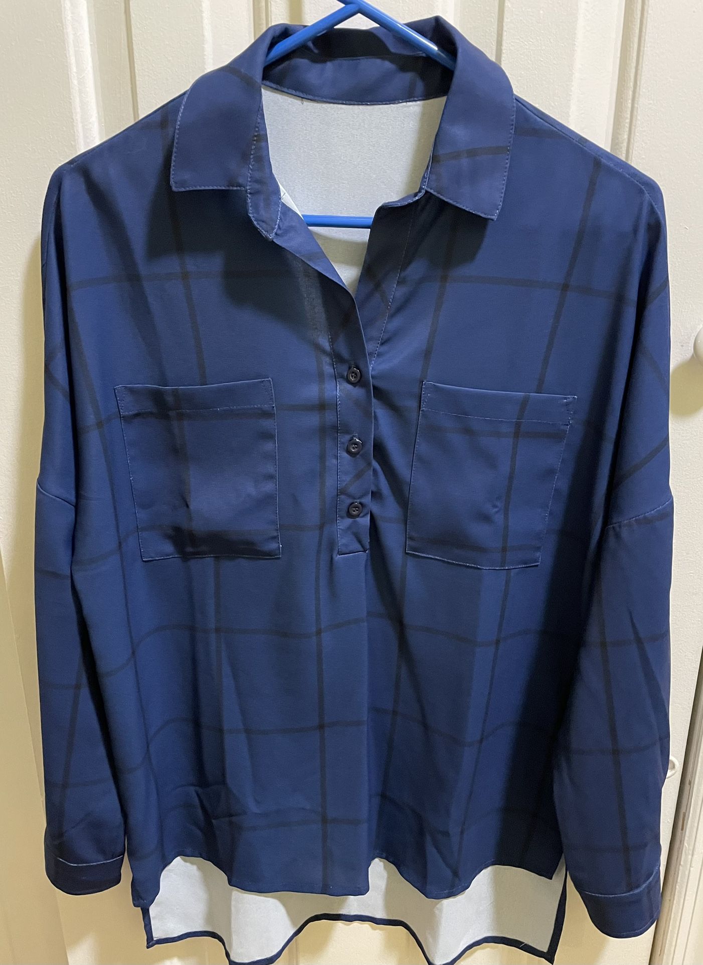 Ladies Button Down Chiffon Plaid 3/4 sleeve Vneck loose shirt.