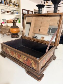 arge Vintage Wood Jewelry Keepsake Box — Hand Painted Baroque Scroll, Mirror Lid, 6”H x 17”W x 11”D