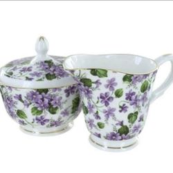 NEW! Gracie's Violets Bone China - Porcelain Sugar and Creamer Set (See Description)