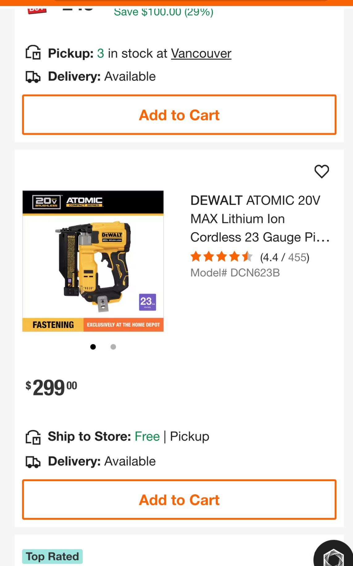 DEWALT ATOMIC 20V MAX Lithium Ion Cordless 23 Gauge Pin Nailer Tool Only