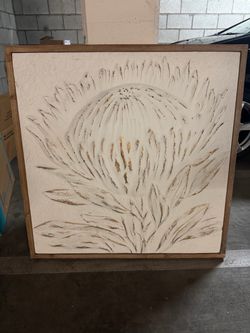 Large 38” Framed 3D Floral Wall Art – White & Gold