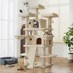 68" X-Large Cat Tree and Tower for Indoor Cats, Condo House with Scratching Board & Thick Posts, Beige