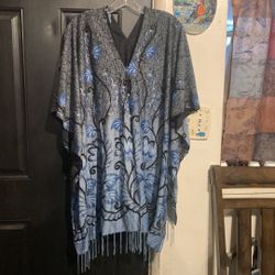 Women Black,Blue,Silver Floral Shaw Sz XL