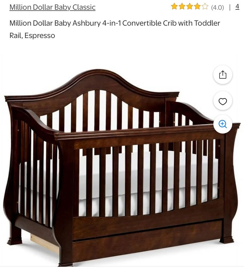 Million Dollar Baby Classic Ashbury 4-in-1 Sleigh Convertible Crib with Toddler Rail in Espresso