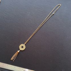 Gold Tone Medallion Tassel Necklace – Boho Statement Pendant | Vintage Inspired