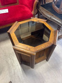 Hexagonal side table wood and glass