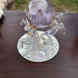 Dancing Horses With Purple Glass Globe And Mirrored Base