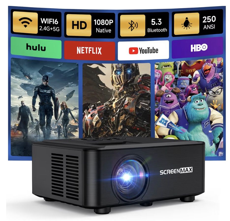 Brand New Full HD 1080P Projector with Wifi and Bluetooth + 120” Screen