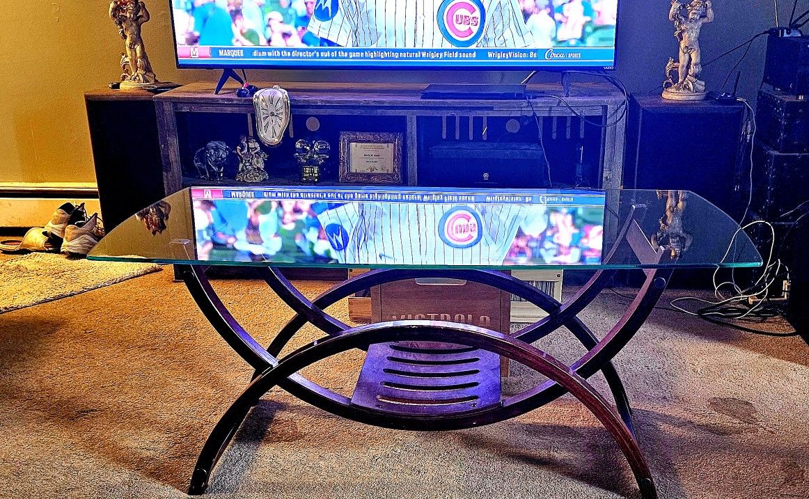 Glass And Curved Wood Coffee Table