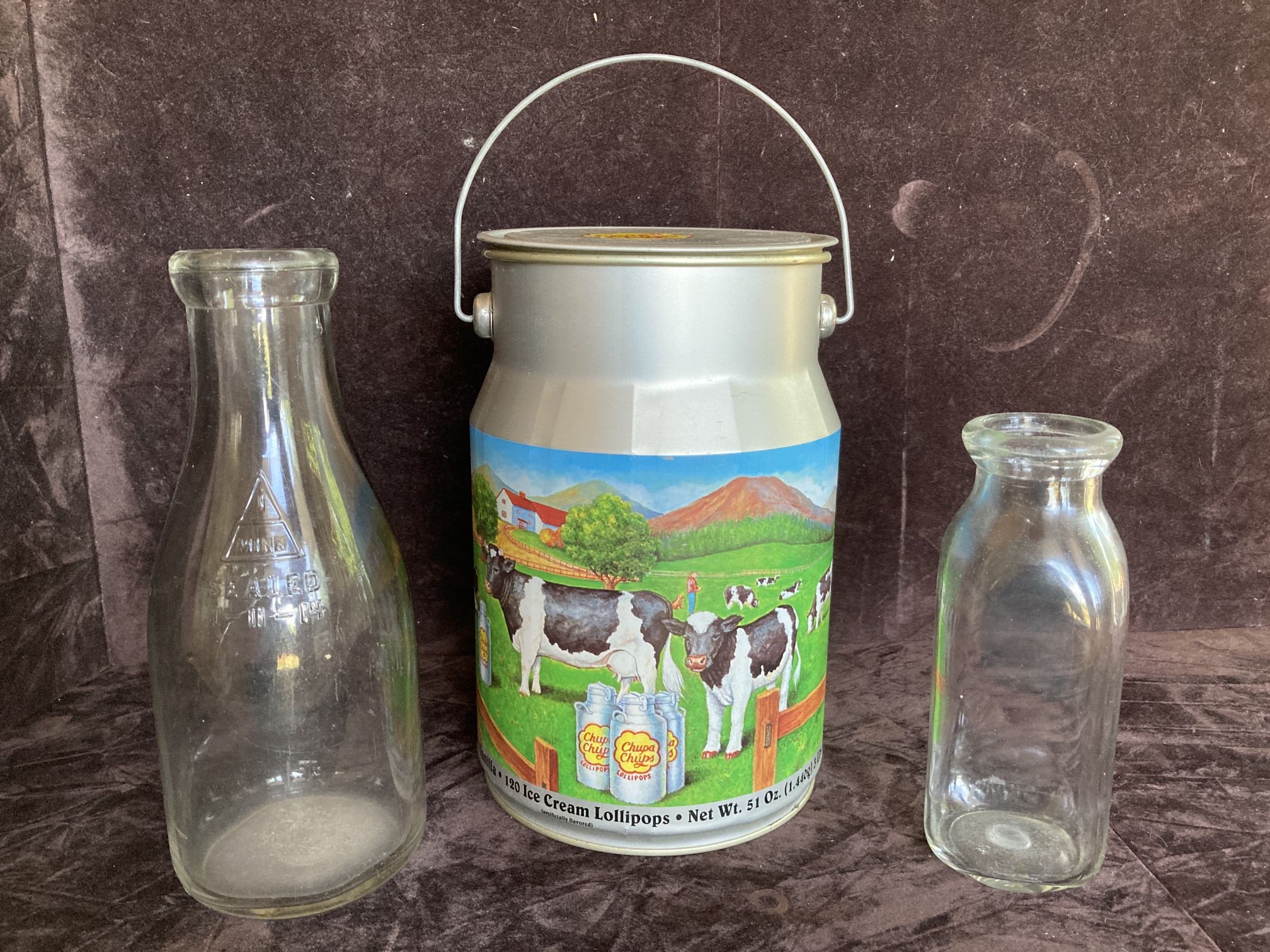 Vintage Milk Can Tin & Milk Bottles