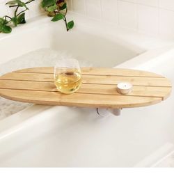 Kikkerland Bamboo Bath Bathtub Side Rotating Table Tray Caddy Accessories, Tub Shelf, Home Decor, Stress Relief
