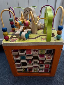 B. toys Wooden Activity Cube - Zany Zoo: Educational Play with Animals, Spinners, Bead Rollercoaster, Functional Doors