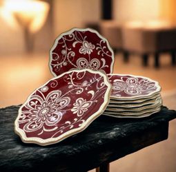Pier 1 Imports Maribeth Burgundy Floral Scalloped Salad Plates 8 7/8” Set of 8