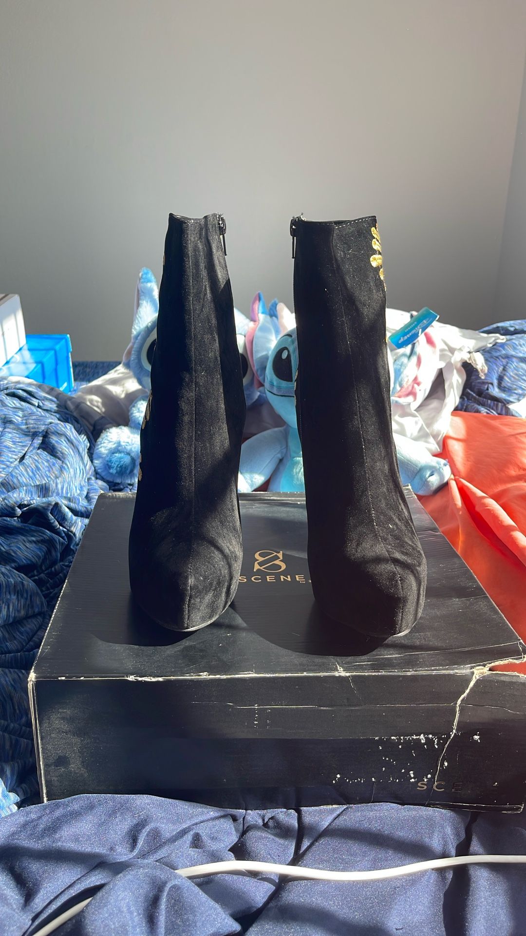 Black & Gold Embroidered High-Heel Boots