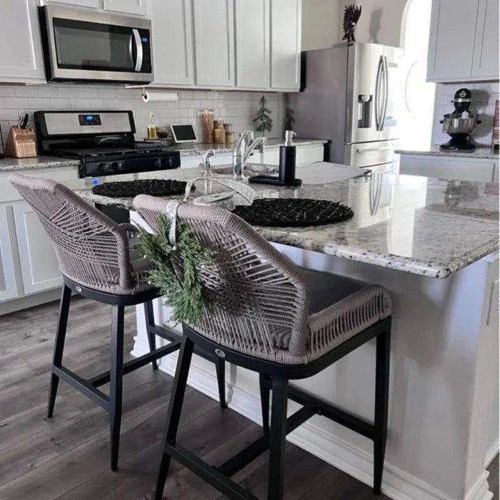 NM6F PURPLE LEAF Rattan Bar Stools Set of 2, Modern Counter height with Cushions, Outdoor Bar Stools.