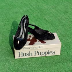 Hush Puppies Black Vintage Leather Open-Toe Size 7 Pump High Heeled Shoes GUC