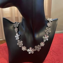 Vintage Premier Designs Flower Chain Necklace Long Silver Tone Clear Rhinestone Accents