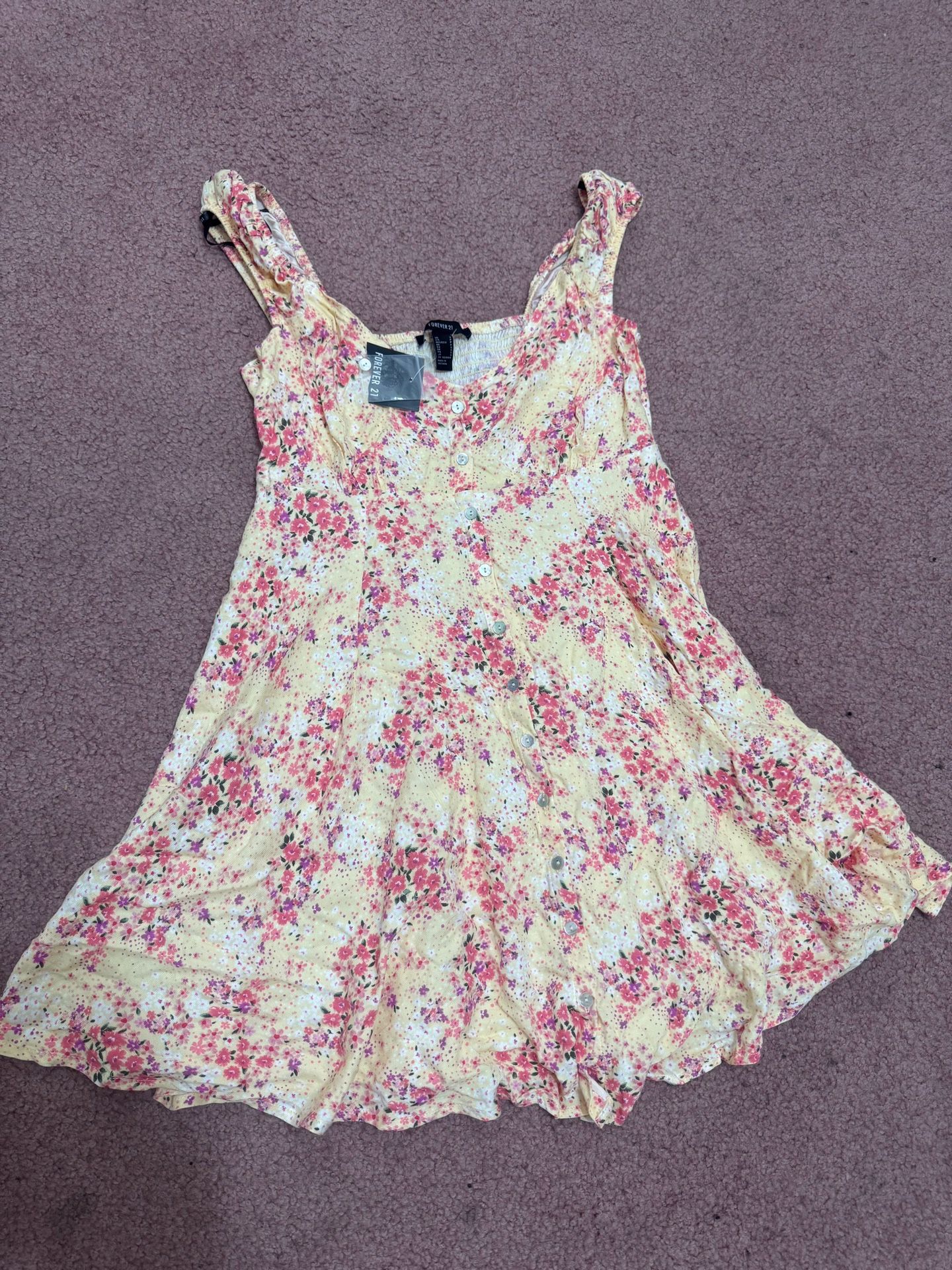 New Xs small yellow floral short flair tank smocked button summer dress flower