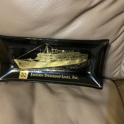 Vintage Eastern Steamship Lines Inc  Gold Print Smoked Glass Trinket Change Dish Tray 