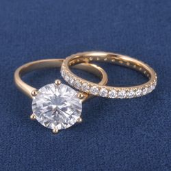 ✅4CT Certified Round Cut Moissanite 14K Yellow Gold Round Engagement Bridal Ring Sets Size 7