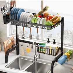 Sink Dish Drainer Drying Rack,Large Over Sink Dish Drying Rack, 2 Tier Dish Rack Over Sink Counter with Storage Baskets,Above Sink Dryer Racks with Ad
