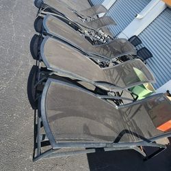 Black Adjustable Outdoor Patio Chaise Lounge Chairs + 2 Upright Chairs + 2 Tables - Matching Set  